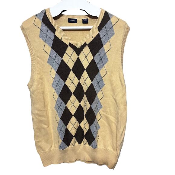 Izod Sweater Vest Mens L Yellow Argyle Preppy Grandpa 100% cotton - Picture 1 of 7
